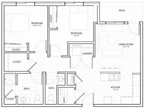 Floor plan for 2 beds, 2 baths, 927 sqft